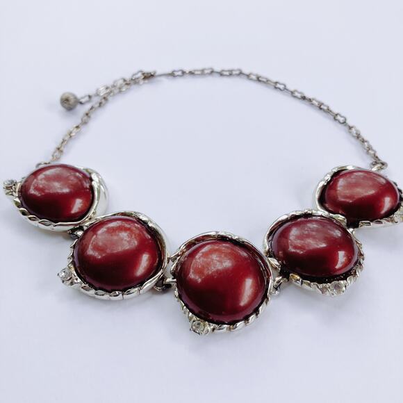 Vintage Mid Century Gold Tone Necklace Brown Cabochons Prong Set Rhinestones - Picture 3 of 16